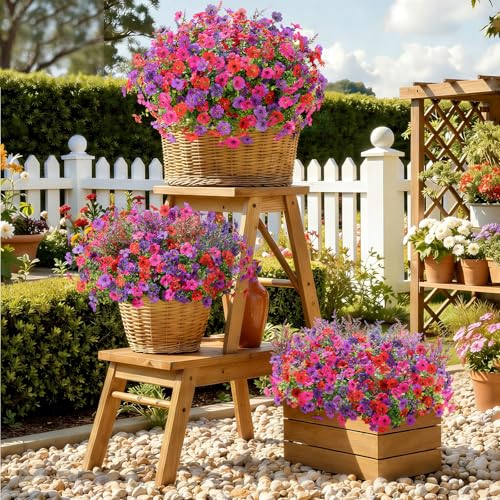 SHareconn 24 Bundles Artificial Flowers for Outdoors Decoration,Faux Plants Fake Silk Colorful Daisy Eucalyptus Lavender,UV Resistant for Outside Home Porch Indoor Spring Decor,RedRosyPurpleDeeppurple - color: Redrosypurpledeeppurple