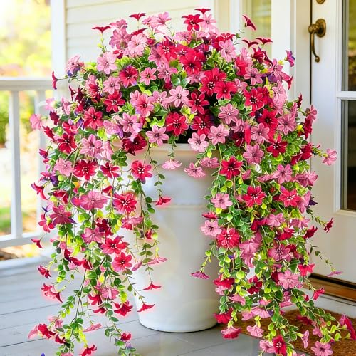 CCILAND 2 PCS Artificial Hanging Flowers for Outdoors, Fake Flower Plants UV Resistant Faux Hanging Spring Flowers for Home Porch Garden Patio Yard (Double Pink) - color: Double Pink