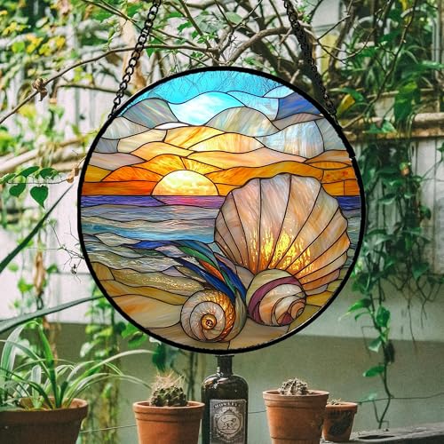 Stained Glass Window Hanging - Colorful Beach Shells Conch Sun Catcher for Door Home Decor Ocean Suncatcher Christmas Mother's Day Birthday Sea Lover Gifts for Women Men Mom Nana 6.3 in - color: Colorful, size: 6.3x6.3 IN