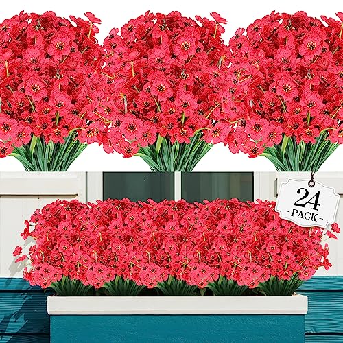 AGIRL 24 Bundles Artificial Flowers for Outdoor,No Fade Fake Plastic Flowers Faux Plants for Decoration Hanging Planters Indoor Outside Garden Porch Window Box Home Wedding Farmhouse - color: Red, size: 24