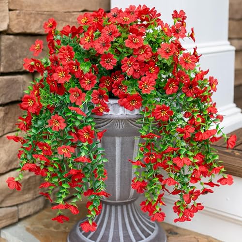HyeFlora Artificial Hanging Flowers for Outdoors Decoration, 2Pcs Red Fake Spring Summer Decor, Realistic Plants, UV & Fading Resistant Flower for Porch Patio Balcony Planter Yard Home Garland - color: Red