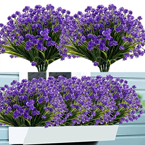 Outdoor Artificial Fake Flowers - 8 Bundles Plastic Flowers Outdoor Plants UV Resistant Faux Flowers for Indoor Outdoor Garden Hanging Porch Window Box Wedding Decor(Purple) - color: Purple, size: 8 Bundles