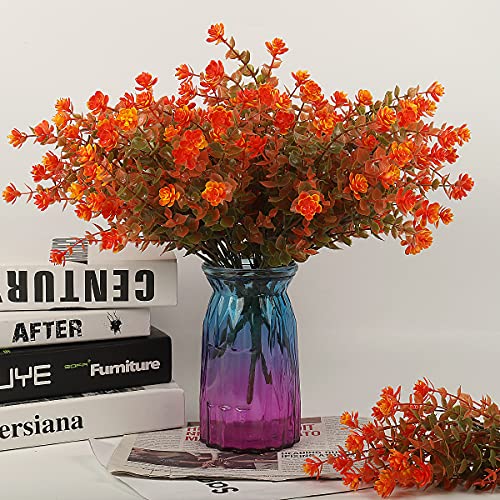 RECUTMS 12 Bundles Artificial Outdoor Flowers UV Resistant Fake Plastic Plants No Fade Faux Fall Flowers for Hanging Planter Porch Patio Window Box Wedding Thanksgiving Halloween Decor(Green Orange) - color: Green Orange, size: 12 Pcs