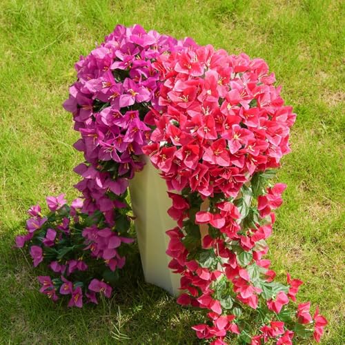 ATTGREAT Artificial Bougainvillea for Outdoors Faux Plants UV Resistant Flowers Fake Plastic Plants Realistic Silk Flowers for Porch Planter Garden Hanging Decoration, 2Pcs(Purple Red & Rose Red) - color: Purple Red & Rose Red