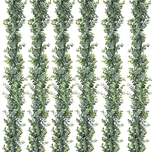 DearHouse 6 Pack Faux Eucalyptus Garland Plant, Artificial Vines Hanging Eucalyptus Leaves Greenery Garland for Wedding Backdrop Arch Wall Decor, 5.9 Feet/pcs UV Protected Indoor Outdoor