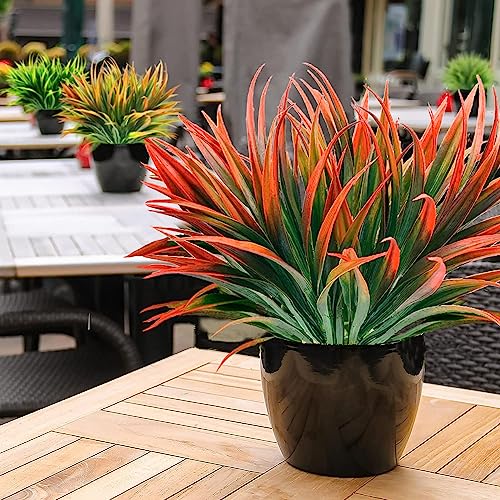 12 Pcs Outdoor Fake Plants UV Resistant Artificial Tall Grass Plants Faux Tropical Flowers Bushes Fall Winter Summer Planters Yard Patio Front Porch Décor Plastic Greenery Shrubs Decoration - color: Red Grass Plant, size: 12 Pcs