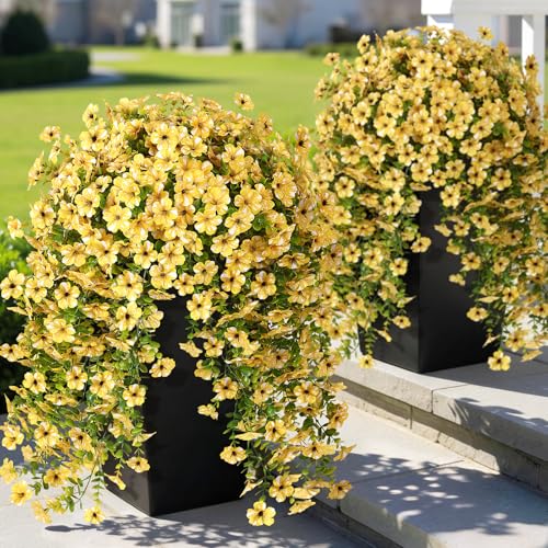 GLIDLION 4 PCS Artificial Morning Glory & Eucalyptus for Outside, Realistic Sun Resistant Fake Silk Hang Flower Faux Eucalyptus Leave for Patio Farmhouse Garden Porches Balcony Decor (Yellow) - color: Yellow