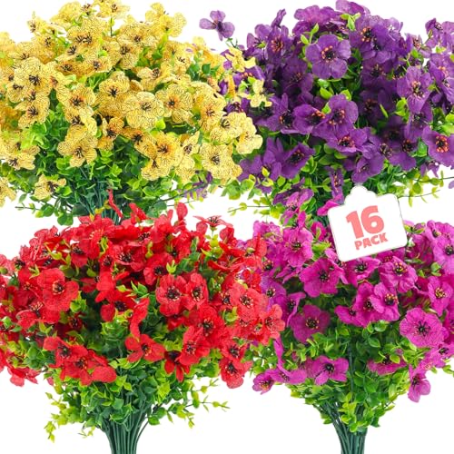 Alotiki 16 Bundles Artificial Flowers for Outdoors Decoration,Faux UV Resistant Violet Flowers with Eucalyptus Leaves,for Porch Outside Indoor Yard Home Patio Decor(16, Multiple Color) - color: Eucalyptus Violet, size: 16P