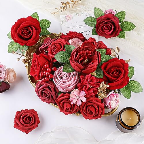 AmyHomie Red Artificial Flowers Combo Silk Mix Peony Rose Fake Flowers w/Stem for Valentine's Day DIY Wedding Bouquets Centerpieces Table Fall Decor Party Bridal Baby Shower Home Decorations - color: Dark Red