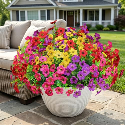 Artificial Flowers for Outdoors, Fake Faux Plants Outside Realistic Spring Summer Decor, UV Resistant Silk Flowers for Home Porch Garden (12, Purple Red Yellow Hot Pink) - color: Purple Red Yellow Hot Pink