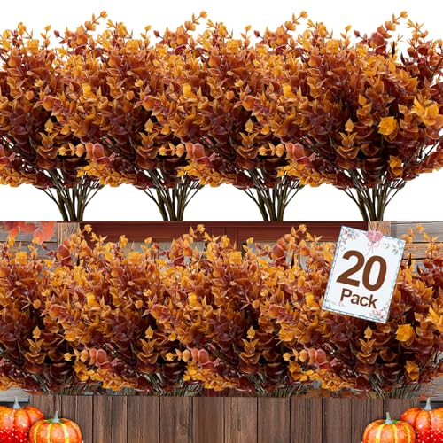 20 Bundles Artificial Fall Flowers for Outdoors Fall Decorations - UV Resistant Fake Mums Faux Plant Plastic Flowers Gardens Porch Fireplace Home Indoor Thanksgiving Autumn Decor(Brown Eucalyptus) - color: Brown Eucalyptus, size: 20 Bundles
