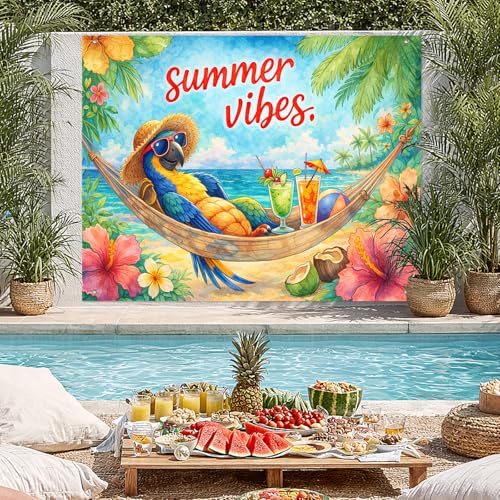 BlissYard Summer Vibes Backdrop 8x6ft Tropical Parrot Hammock Beach Party Background Cloth for Photography, Island Luau Hawaiian Banner Photo Booth Scene with Hibiscus Flowers Ocean Cocktail Decor - color: Tropical Parrot#1