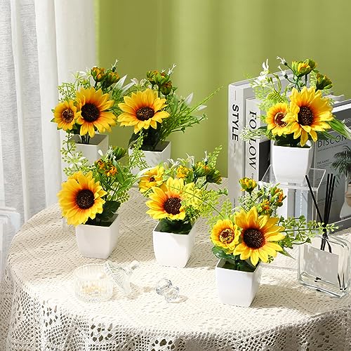 6 Pcs Artificial Sunflower Potted Plants Table Centerpieces Spring Summer Sunflowers with Plastic Pot Artificial Flower Arrangement Wedding Party Decoration Rustic Kitchen Decor (Sunflower Style)