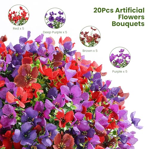 SHareconn 20 Bundles Artificial Flowers Outdoors Decoration, Fake Silk mums Eucalyptus Realistic UV Resistant Faux Plants for Outside Indoor Planter Porch Yard Home Spring Decor, Mix 4 Colors - color: Redbrownpurpledeeppurple