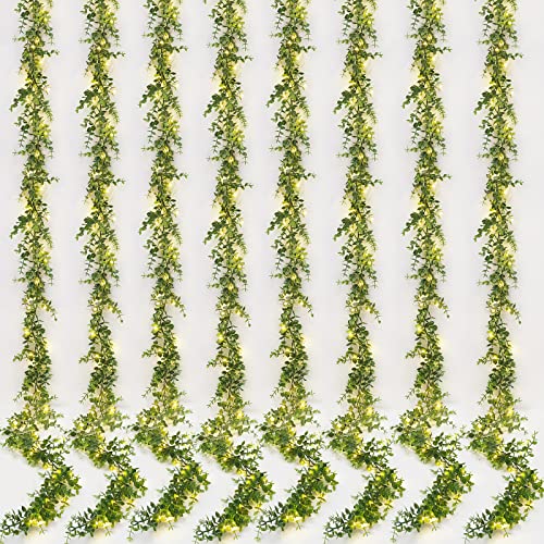 Dolicer 8 Packs Eucalyptus Garland with LED Lights String, 48FT Faux Eucalyptus Greenery Garland, Artificial Hanging Green Eucalyptus Leaves Vine Wedding Backdrop Arch Wall Table Decor (Grey Green) - color: Grey Green With Light, size: 8 Packs
