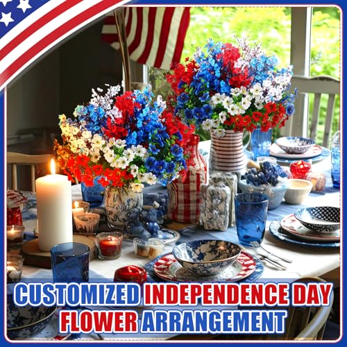 Giegxin 24 Pcs Red Blue White Patriotic Artificial Flowers 4th of July 250th Anniversary Table Centerpieces Decor Fake Baby's Breath Pick Stems Memorial Day for Veterans Home Gypsophila Outdoor Decor