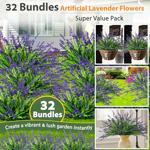 Qinzave 32 Bundles Faux Lavender Plants Outdoor, UV Resistant Artificial Lavender Flowers with Monkey Grass for Garden, Patio, Planter, Hanging Basket, Front Porch, Pathway Decor (Purple) - color: Purple