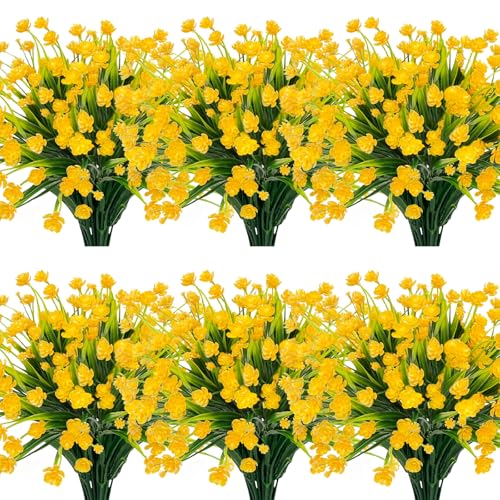 TURNMEON 12 Bundles Artificial Flowers for Outdoors Summer Decor, Realistic UV Resistant Fake Plants Faux Plastic Flowers for Outside Planter Home Gardens Porch Yards Spring Cemetery Decor(Yellow) - color: Yellow, size: 12 Bundles