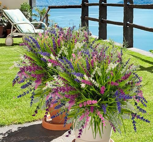 Artificial Grass Fake Plants，Outdoor Fake Monkey Tail Grass with Flowers for Pot UV Resistant Lavender Patio Garden Porch Home Window Hanging Planter Decor(B-White Pueple Pink Fuchsia, 12 PCS) - color: B-multicolored