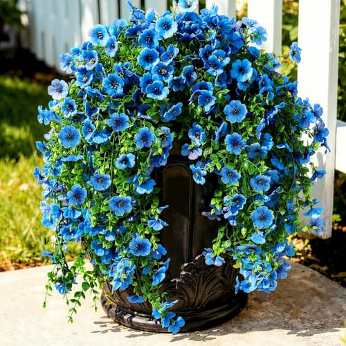 Suncalla 4 Pcs 30In Artificial Hanging Flowers for Outdoor Planter 156 Branches Trailing Faux Potted Plant Fake Floral UV & Fading Resistant for Wedding Patio Spring Summer Decor(Blue) - color: Blue