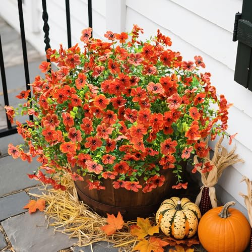 florisso Artificial Fake Fall Mums Flowers Plants for Outdoor Outside Decoration, 12 Bundles Faux Silk Orange Daisy UV Resistant Look Real for Autumn Front Door Porch Planter Patio Garden Home - color: Orange