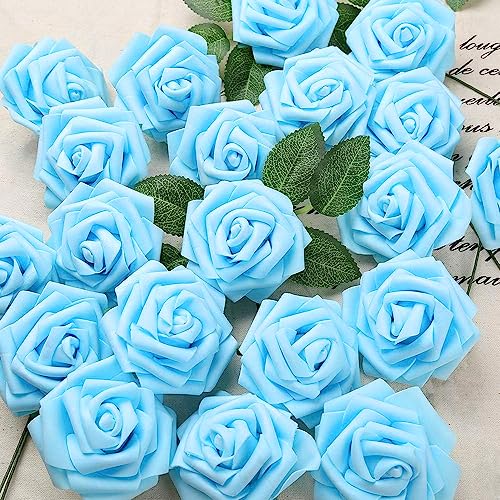 IPOPU 30pcs Baby Blue Roses Foam Flowers Artificial Roses with Stems, Fake Roses with Fake Flowers for DIY Wedding Bouquets Baby Shower Centerpieces Floral Party Home Décor (Light Blue) - color: Light Blue