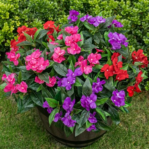 Nigirior Artificial Fake Flowers for Outdoor Décor 6 Bundles UV Resistant Fake Plants for Planter Faux Impatiens for Home Porch/Garden Stunning（Red/Rose Red/Purple） - color: Red/Rose Red/Purple
