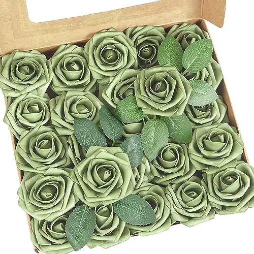 Artificial Flowers, 25pcs Artificial Rose for DIY Wedding Bouquets Centerpieces Flowers Arrangements, Elf Green Fake Flowers with Stems for Bridal Shower Graduation Events Decoration - color: Elf Green, size: 25pcs