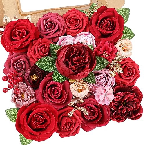 AmyHomie Red Artificial Flowers Combo Silk Mix Peony Rose Fake Flowers w/Stem for Valentine's Day DIY Wedding Bouquets Centerpieces Table Fall Decor Party Bridal Baby Shower Home Decorations - color: Dark Red