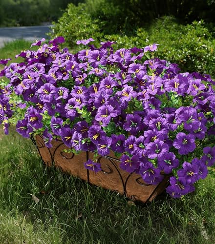 Artificial Flowers for Outdoors Fake Plants Outside Decoration, 20 Bundles Purple Silk Petunia with Eucalyptus UV Resistant Realistic Faux Flowers for Outdoor Planters Garden Balcony Yard Porch Patio - color: Purple