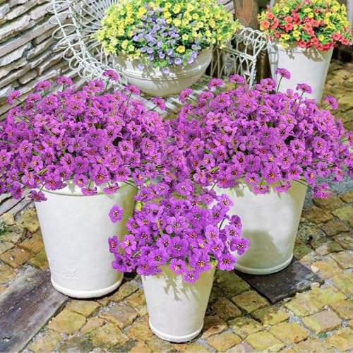 Krissing 48 Bundles Outdoor Artificial Flowers UV Resistant Fake Silk Flowers Faux Plastic Plants Outside Garden Porch Window Box Summer Decoration (Purple) - color: Purple