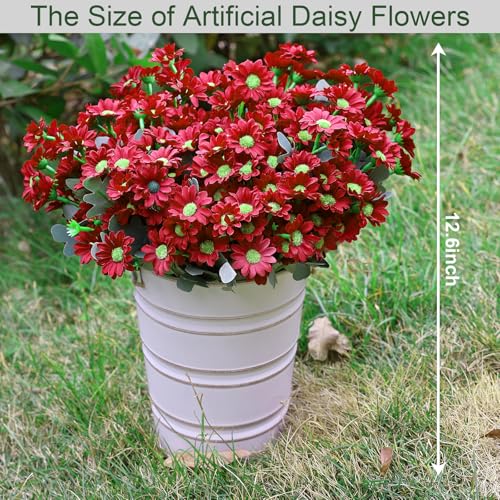 24 Bundles Artificial Daisy Flowers for Outdoor - Fake Mums Faux UV Resistant Daisies Plants Florals for Home Garden Patio Front Porch Outside Decorations - Red