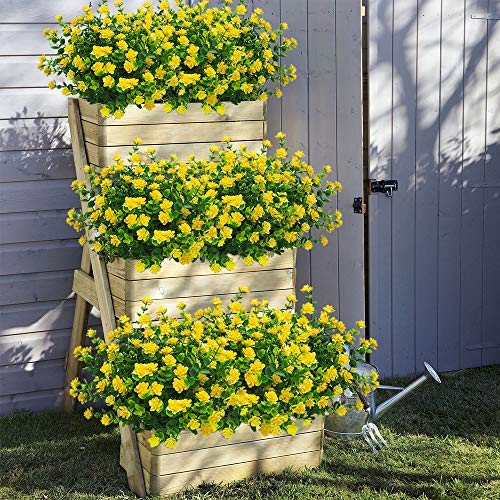 Grunyia 10 Bundles Artificial Fake Flowers, Faux Outdoor Plastic Plants UV Resistant Shrubs Outside Indoor Decorations (Yellow-Eucalyptus) - color: Yellow-eucalyptus