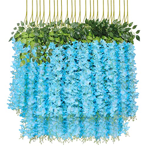 U'Artlines 24 Pack(Total 86.4 Feet) Artificial Fake Wisteria Vine Rattan Hanging Garland Silk Flowers String Home Party Wedding Decor (24, Blue) - color: Blue