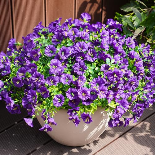 Artificial Flowers for Outdoors, UV Resistant Fake Silk Morning Glory, Realistic Faux Plants for Outside Porch Patio Window Box Hanging Planter (16, Purple) - color: Purple
