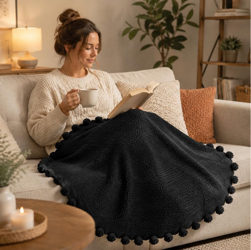 Crochet Flower Bouquet Throw Blanket, Cute Romantic Gift for Her Girlfriend Mom Mother’s Day Valentine Wedding Anniversary Birthday (Black, 40 inches) - color: Black, size: 40 inches