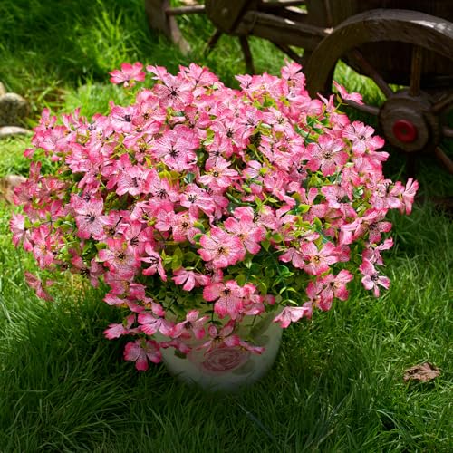 Artificial Flowers for Outdoors Patio Decoration 12 Bundles Fake Flower Cherry Blossom UV Resistant Faux Plants Yard Garden Porch Home Boxwood Planter Patio Mothers Day Decor, Deep Pink Flower - color: D Deep Pink Cherry Blossom 12pcs