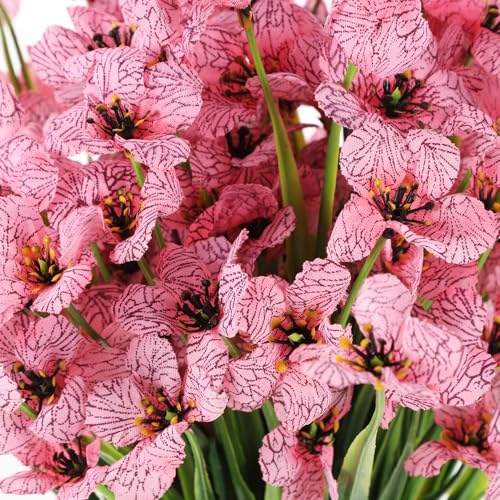 Amosfun 8pcs Pink Artificial Silk Flowers Faux Hydrangea Bouquet with Green Grass Stems UV Resistant Outdoor Decoration for Wedding Hotel Garden