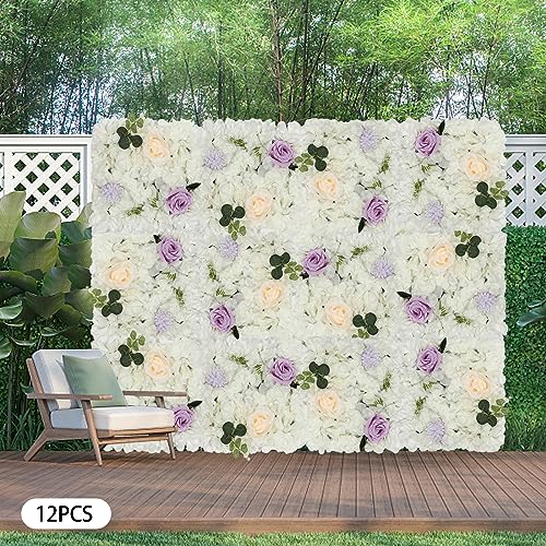 12Pcs Artificial Flower Wall Panel 15" X 15" Flower Wall Decor Backdrop Panels Floral Backdrop Wall Faux Flower Panel for Home Party Wedding Photo Backgdrop Decor (White, Purple) - color: White, Purple