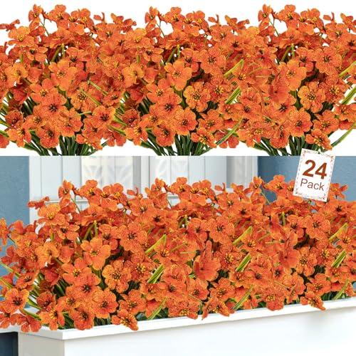 Ouddy Decor 24 Bundles Artificial Fall Flowers for Outdoors Fake Mums Fall Silk Flowers UV Resistant Faux Plastic Plants for Indoor Outdoor Vase Box Garden Porch Window Box Home Autumn Decor, Orange - color: Orange, size: 24 Bundles