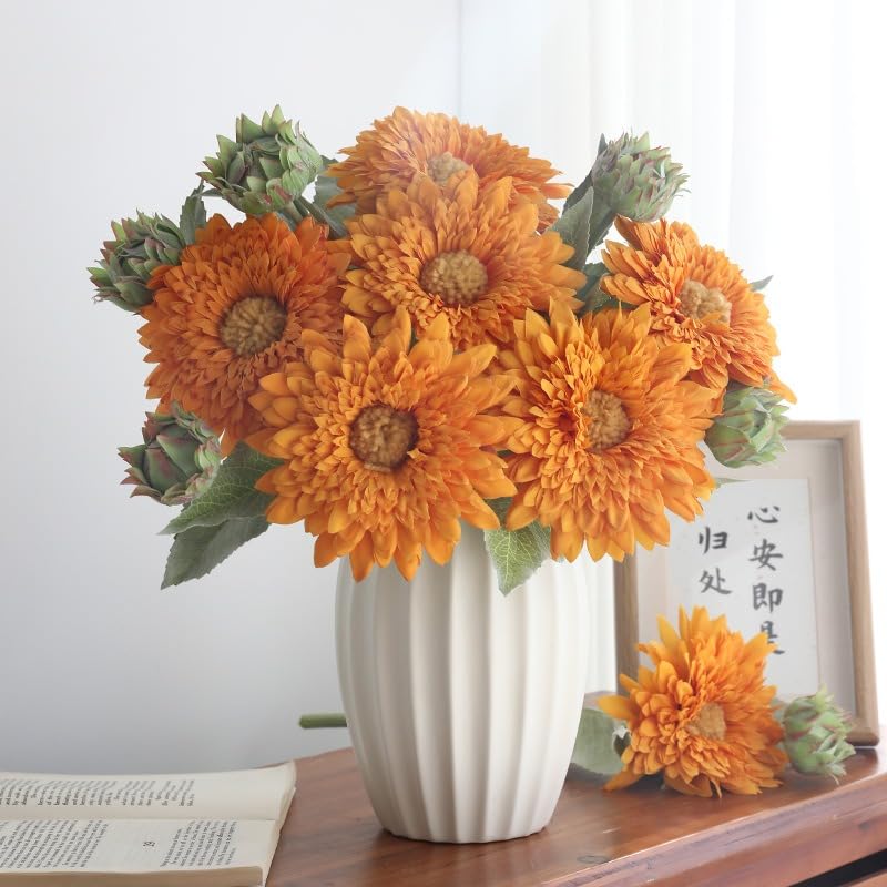 Sunflowers Artificial Flowers Bulk Spring Summer Decor, 3 Pack Fake Flowers Silk Faux Sunflower Bouquet Arrangement for Vase Wedding Table Home Porch Indoor Outdoor Cemetery Decorations
