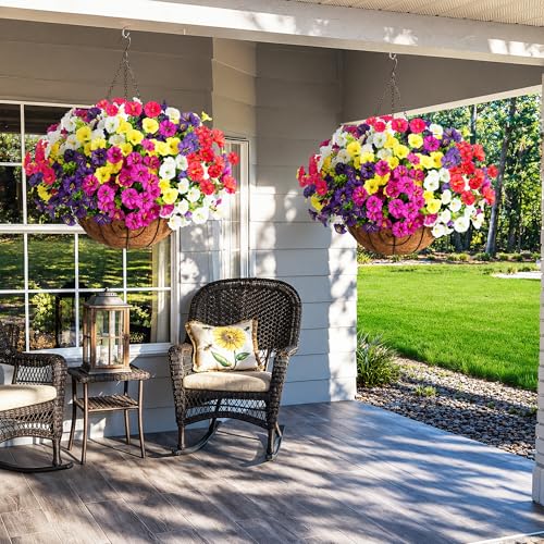 Artificial Faux Hanging Plants Flowers for Outdoors Baskets Spring Outside Decor, Fake Silk Morning Glory in Planter Look Real UV Resistant Outdoor Flowers for Porch Patio Balcony Garden Yard Home - color: B 6 Mixed