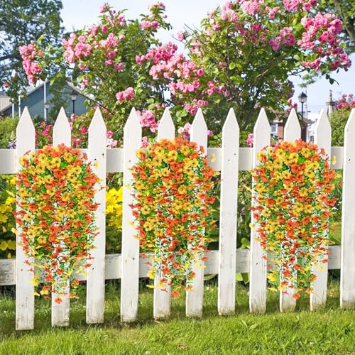 Betylifoy 4PCS Artificial Hanging Flowers Fake Hanging Plants for Outdoors Decor UV Resistant Faux Silk Orchid Flowers Greenery Long Trailing Vines for Indoor Outside Garden Decor (Orange&Yellow) - color: Orange&yellow