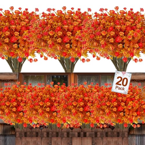 20 Bundles Artificial Fall Flowers for Outdoors Fall Thanksgiving Decorations-UV Resistant Fake Mums Faux Plant Plastic Flowers Gardens Porch Fireplace Patio Autumn Indoor Fall Decor(Gold Orange) - color: Gold Orange, size: 20 Bundles