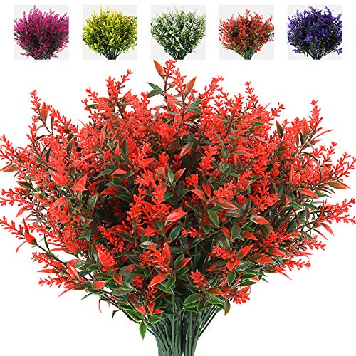 RECUTMS Artificial Lavender Flowers Plants 8 Bundles UV Resistant Faux Outdoor Plastic Greenery Shrubs Plants Hanging Planter Kitchen Home Wedding Office Garden Decor (Orange Red) - color: Orange, size: 8 Bundles