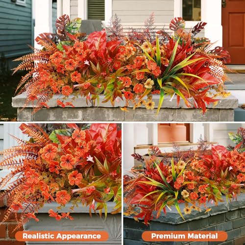 20 Bundles Artificial Fall Flowers for Outdoor Decoration, Fake Plants Faux Mums Flowers UV Resistant Daisy Boston Fern Fall Stems for Autumn Planters Window Box Garden Porch Indoor Home Decor - color: Orange Red