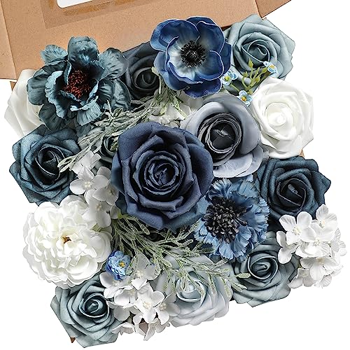 Artificial Flowers Dusty Blue Rose Flowers Combo for DIY Wedding Bouquets Centerpieces Arrangements Party Baby Shower Home Decorations(Retro Dusty Blue) - color: Retro Dusty Blue