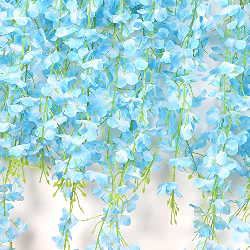 12 Pack Wisteria Flower Vines Garland, 3.75 Ft Artificial Flower Strings, Fake Hanging Flowers, Silk Wisteria Garland Flowers, Flower Vine for Wedding Garden Decor (Blue) - color: Blue