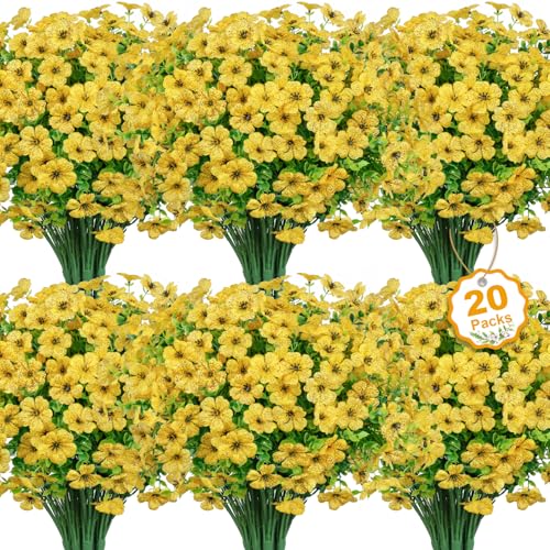 20 Bundles Artificial Flowers for Outdoors Decoration Fake Silk Flowers UV Resistant Faux Plants Artificial Daisy Eucalyptus for Spring Summer Garden Yard Porch Window Home Decor, Yellow - color: Yellow