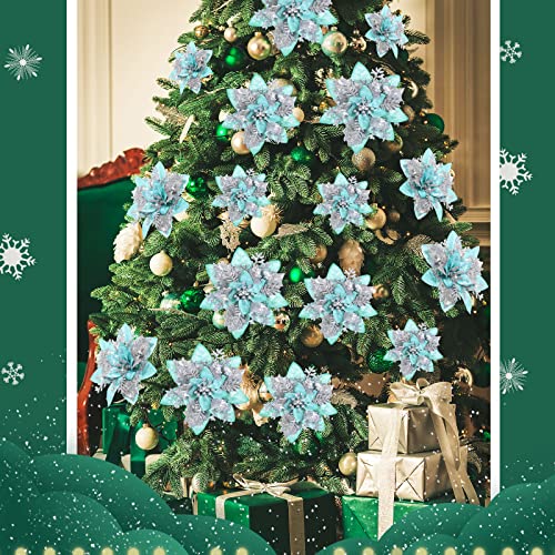 36 Pcs Christmas Glitter Artificial Poinsettia Flowers Xmas Poinsettia Artificial Wedding Flowers Decorations Xmas Tree Ornaments with Clips for Party, 6 Inch, 4 Inch, 3 Inch(Silver and Green) - color: Silver and Green